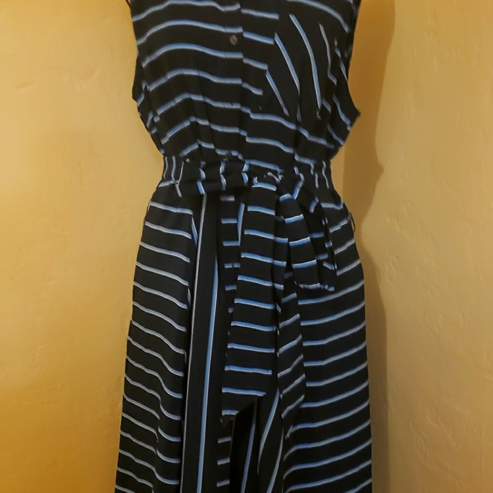 Tommy Hilfiger, pinstripe dress, blue tones sleeveless with fabric belt